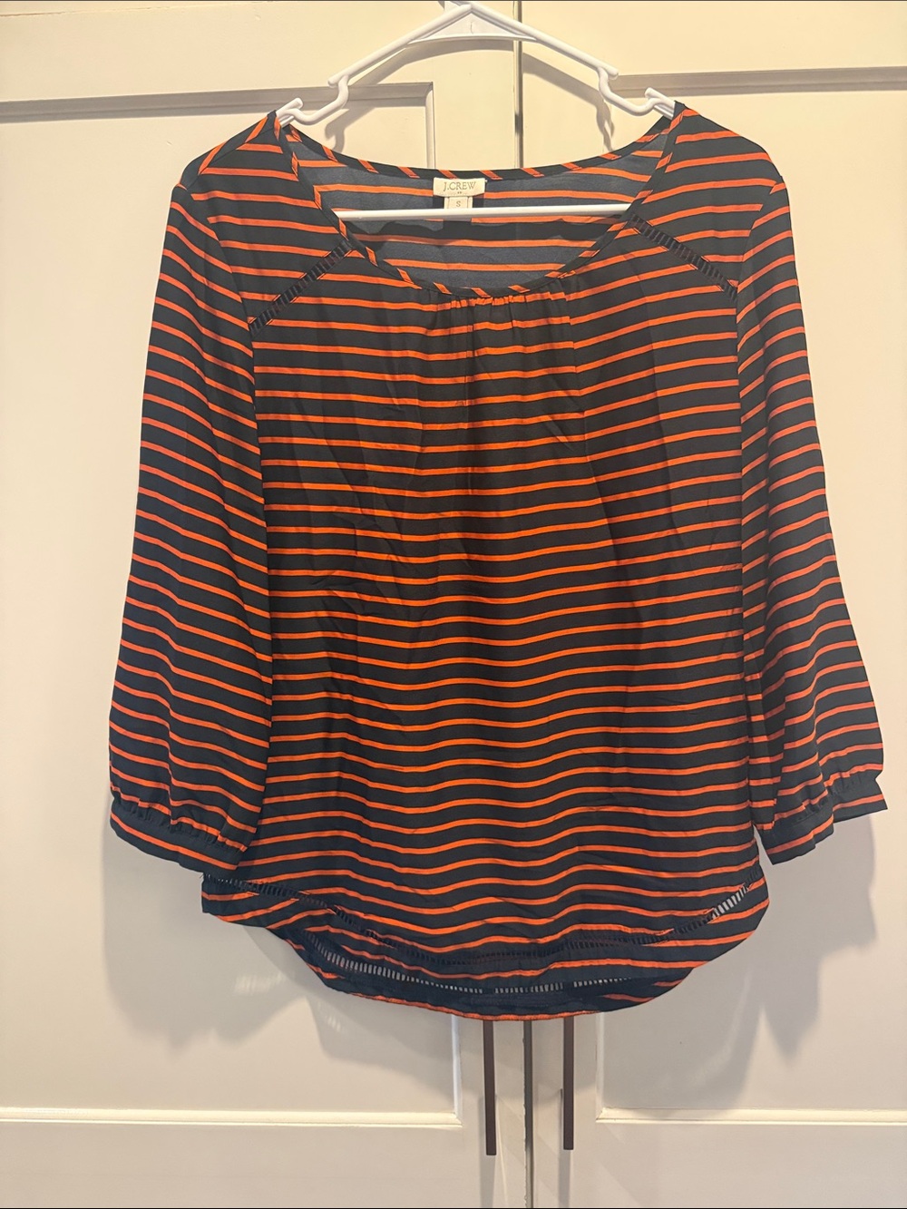 J. Crew Navy and Orange Striped Peasant Top